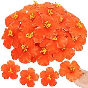 Hotop 24 Pcs Artificial Hibiscus Flowers for Hawaiian Luau Party Decor Fake Tropical Hibiscus Flowers Decorations for DIY Crafts Summer Party Favors Supplies Cake Tables Centerpieces(Orange)