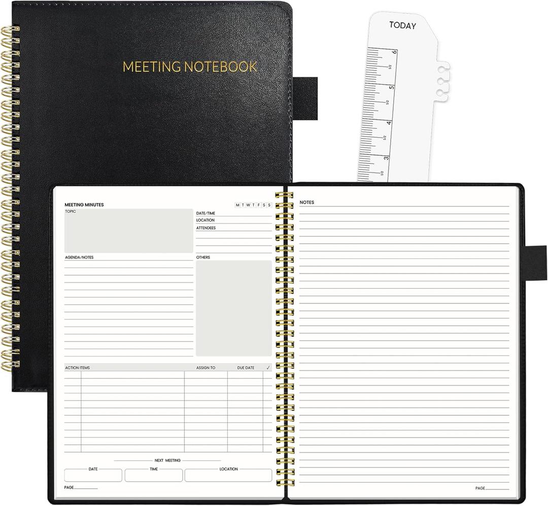 SUNEE Half Meeting Half Note - 7.5"x10" Professional Notebooks for Work - 160 Pages, B5 Size Project Planner, Spiral Meeting Agenda Organizer for Women Men, Note Taking,Office with Vegan Leather Cover (Black)