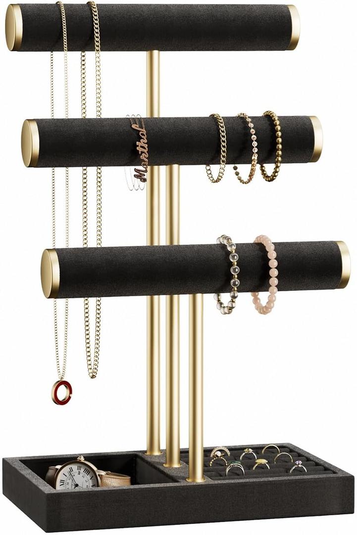 3 Tier Bracelet Holder Display - Detachable T Bar Black Velvet Bracelet Holder, Jewelry Holder Organizer for Bracelet, Necklace, Watches, Rings (Black)