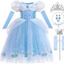iTVTi Girls Princess Dress Kids Halloween Carnival Party Cosplay Costume Toddler Puffy Sleeve Blue Fancy Outfit, 4-5T