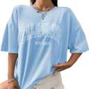 SOLY HUX Women's Graphic Tees Letter Print Half Sleeve Drop Shoulder Oversized T Shirt Loose Casual Tops (Blue, L)