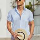 Damipow Mens Linen Shirts Short Sleeve Cotton Striped Button Down Shirt (Blue, L)