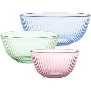 Pyrex Colors Tinted (3-Pack) Sculpted Tinted Unlidded Small/Medium/Large Glass Mixing Bowls, Nesting Space Saving Set of Bowls For Prepping and Baking, 1.3QT, 2.3QT & 4.5QT (Pink, Green, Blue)