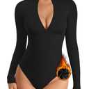 MANGOPOP Long Sleeve Body Suit Mock Turtle Neck Fleece lined Zip Up Bodysuit for Women Ribbed Deep V Sexy Bodysuit Shirts, Black, Small