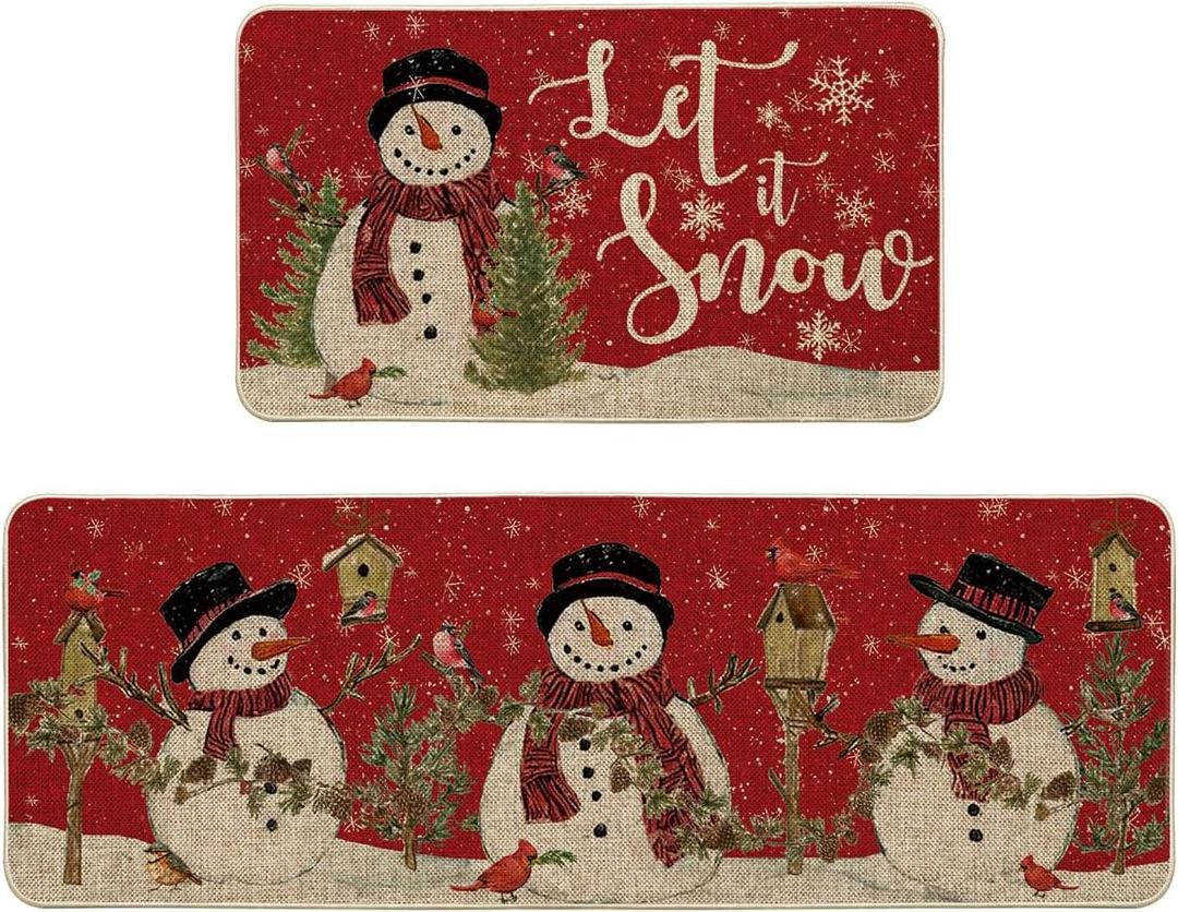 Artoid Mode Red Let It Snow Snowman Cardinal Bird Christmas Kitchen Mats Set of 2, Winter Home Decor Low-Profile Kitchen Rugs for Floor - 17x29 and 17x47 Inch