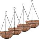 14 inch Metal Hanging Baskets For Plants Outdoor 4 Pack Round Metal Wire Hanging Basket Planter with Coco Fiber Liners Chain Round Wire Plant Holder for Garden, Patio, Deck, Porch Plants Flower Potss