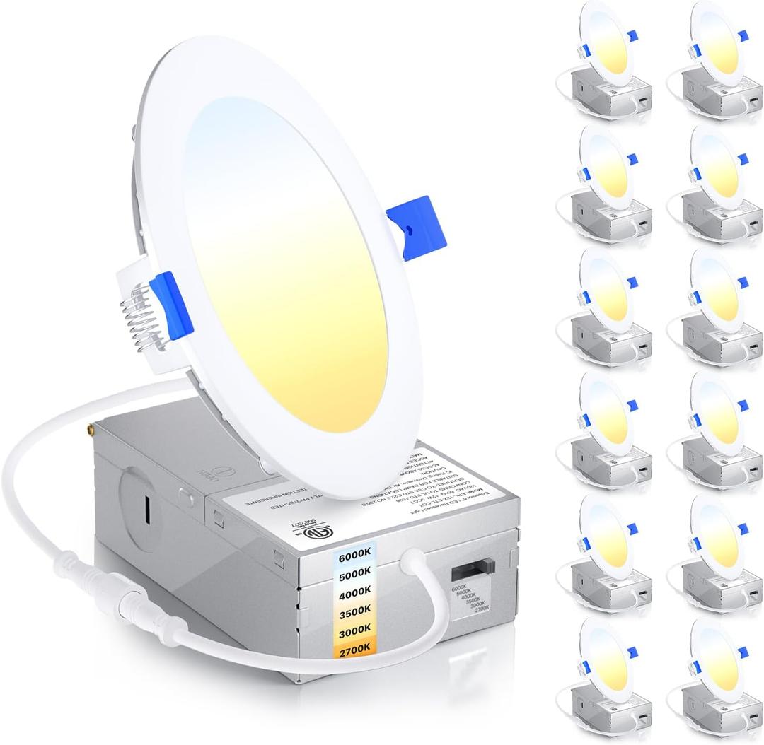 Ensenior 12 Pack 4 Inch LED Recessed Ceiling Light, Dimmable, 2700K-6000K 6CCT, 750LM 9W 120V, High Brightness Canless Wafer Downlight - ETL&FCC&IC