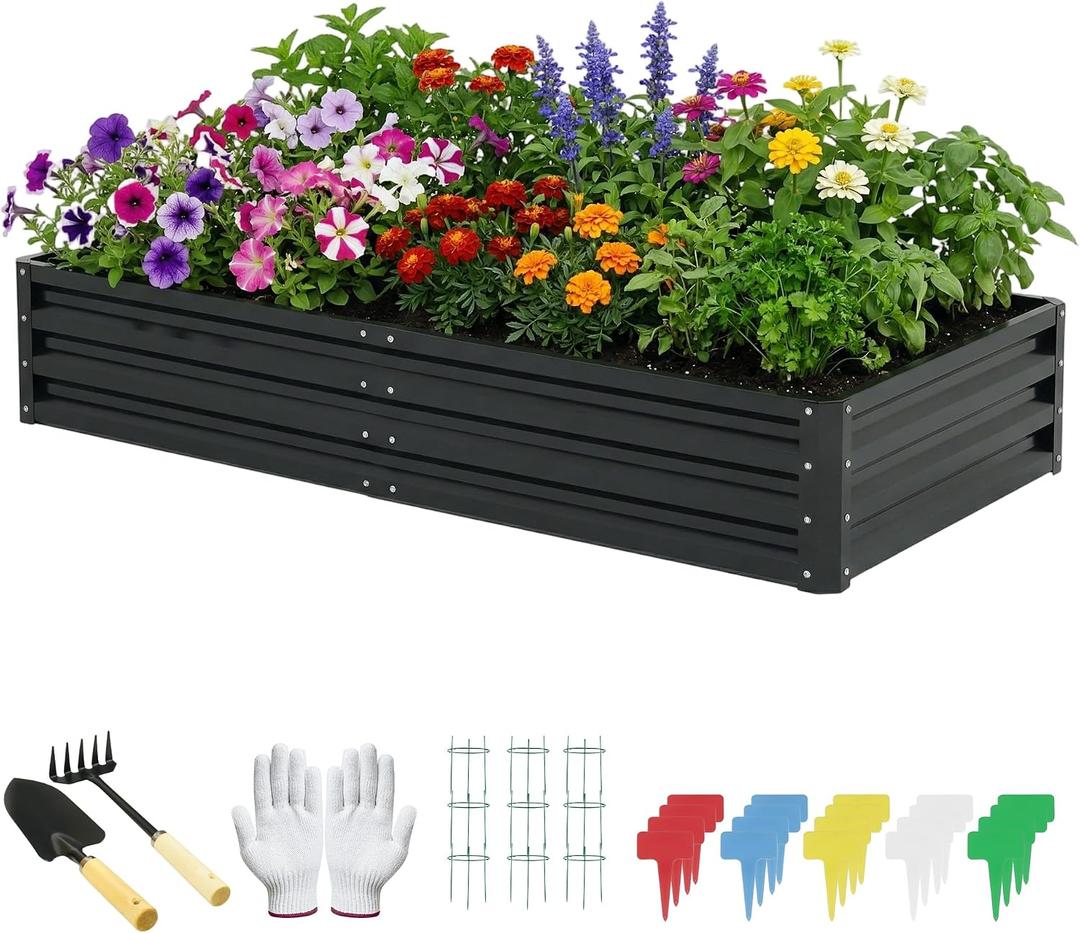 ONCEMORE Raised Garden Bed, Galvanized Steel Raised Garden Bed for Gardening Vegetables Fruit, 20pcs T-Types Tags & 1 Pair of Gloves,8x4x1FT,Black