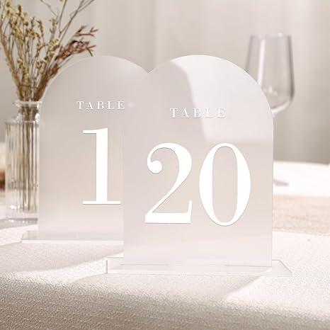 UNIQOOO Frosted Arch Wedding Table Numbers with Stands 1-20, 5x7" Acrylic Display Signs and Holders, Pack of 20, Perfect for Centerpiece, Reception, Decoration, Party, Anniversary, Event, White Font 1-20