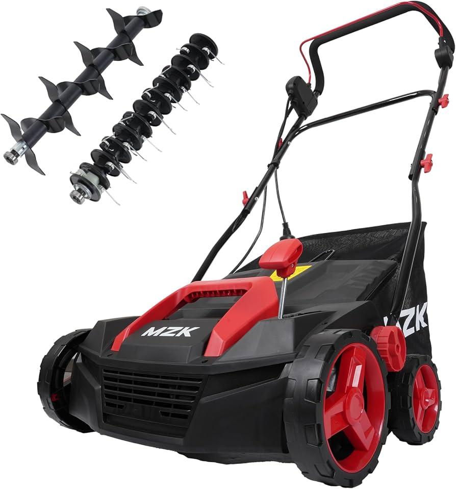 MZK 15-inch 13-Amp 2-in-1 Electric Dethatcher and Scarifier w/Removeable 5-Position Height Adjustment,Lawn dethatcher w/12-Gallon Thatch Collection Bag,Keep Lawn Health