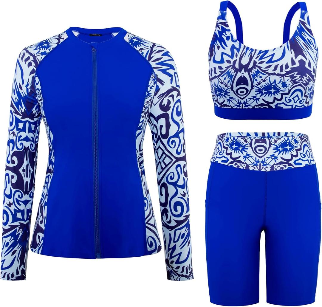 Arolina Womens Rash Guard Long Sleeve Swim Shirts Swimsuit 2025 Bathing Suit with Womens Swim Shorts & Two Pockets (Small, Royal Blue)