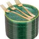 DaYammi 240Pcs Green Plastic Plates Including 120Pcs Dessert Plates and 120Pcs Gold Forks,Hammered Party Plate,Green Gold Appetizer plates Heavy duty Disposable Plastic Plate for Party Birthday Dinner
