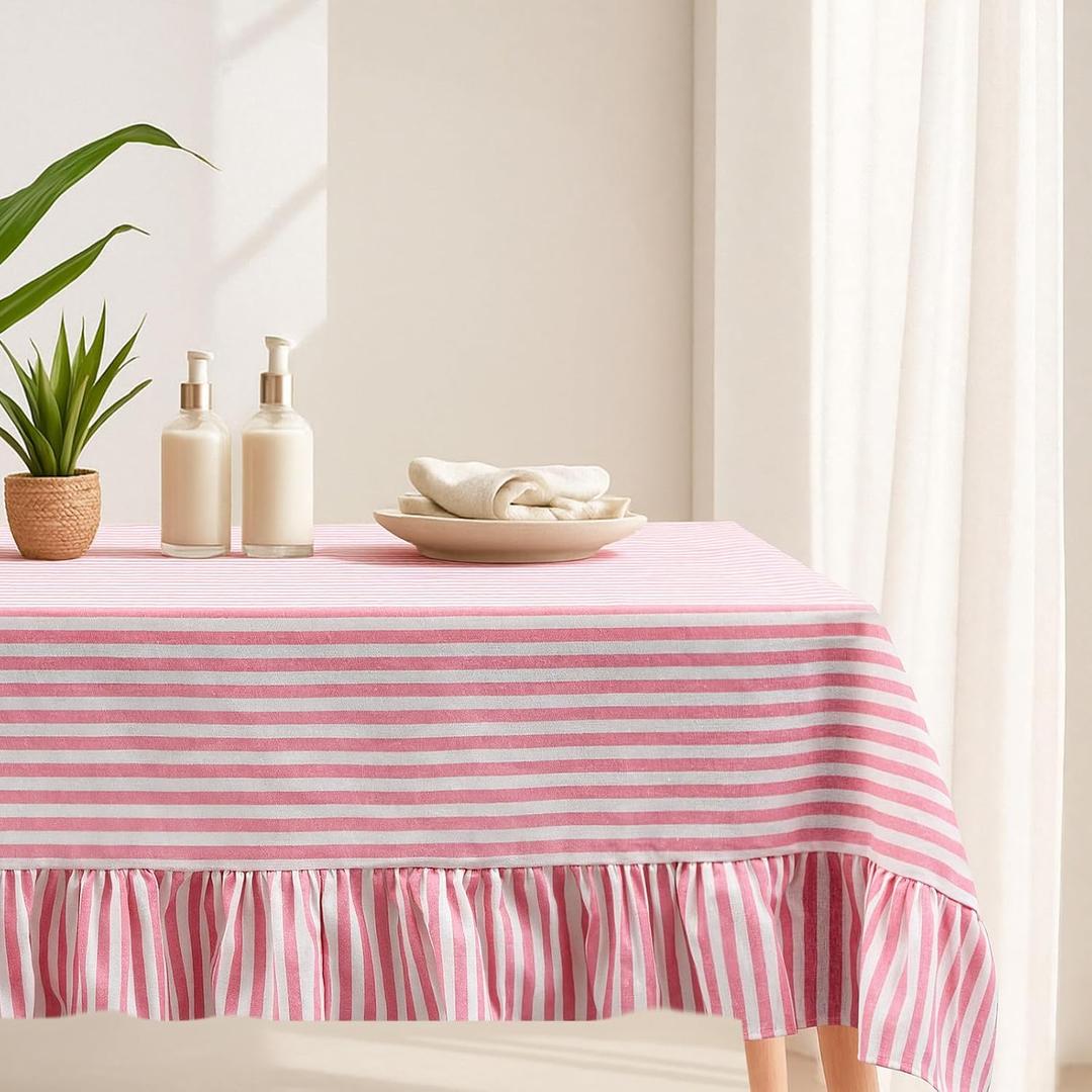 Mindsoft Pink Striped Ruffled Tablecloth 70 x 52 Inches Cotton Linen Rectangle Striped Table Cloth Classic Farmhouse Vintage Table Cover Decorative Pattern for Holiday Party