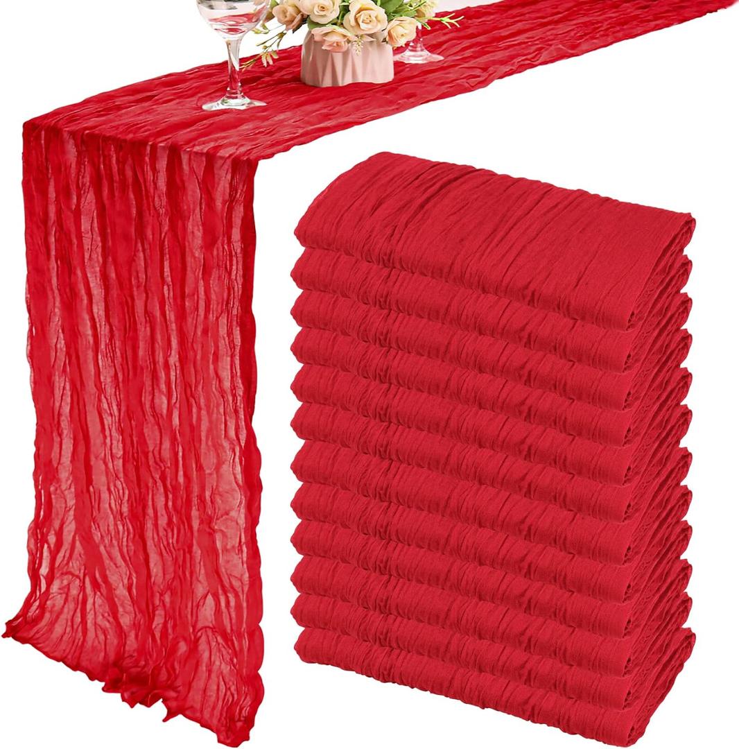 12 Pack Cheesecloth Table Runner 35x72 Inch Boho Gauze Table Runner Rustic Cheese Cloth Long Romantic Table Runners for Wedding Bridal Shower Birthday Party Table Decor (Red)