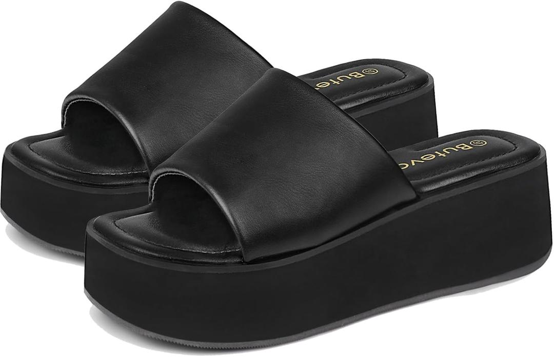Butevar Chunky Platform Sandals for Women - Comfort Black Open Toe Slip on Platform Slides Y2K Wedge Sandals for Summer Casual, Black, 6