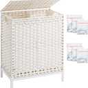 Laundry Hamper with Lid, 112 L Handwoven Rattan Wicker Laundry Basket, 2 Removable Liner Bags Metal Heightened Feet, 6 Mesh Bags, 2 Section Large Clothes Hamper for Bathroom Bedroom, White
