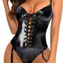 Lilosy Sexy Lace Up Leather Pu Wireless Garter Women Teddy Bodysuit Corset Bustier Top Outfit Nightout One Piece (Small, Bright Black)