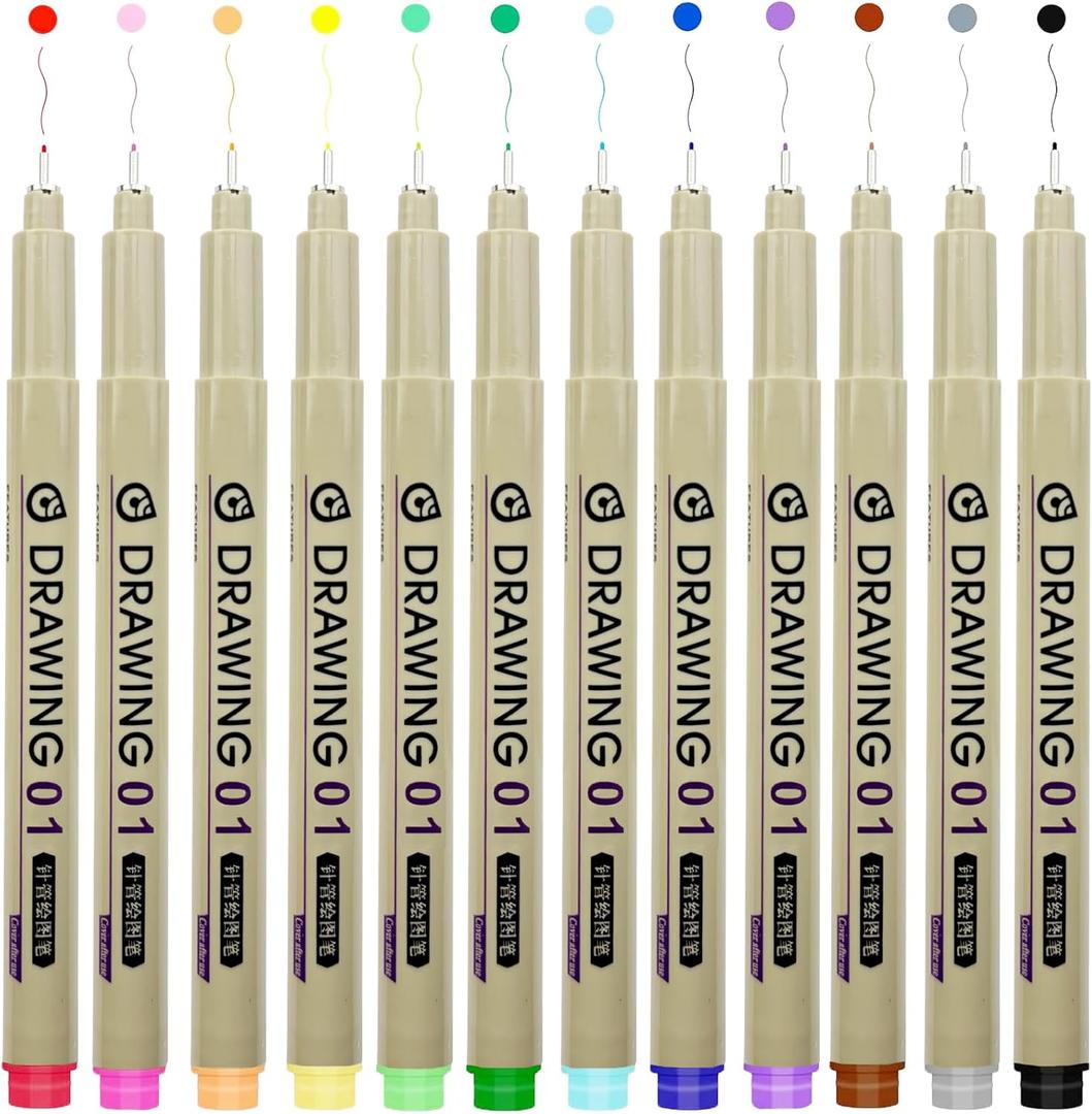01 Micro Fineliner Drawing Art Pens, 12 Colors 0.25mm Extra Fine Point Pens, Please Test the Use on Clean Paper