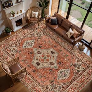 Tangsoo Boho 9x12 Area Rug for Living Room, Washable Vintage Rug Indoor Non Slip Large Area Rugs, Print Oriental Carpet Soft Low Pile Foldable Floor Room Rug for Bedroom Dining Room Terracotta