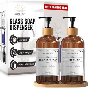 Sunrise Premium 16 OZ Thick Amber Glass Soap Dispenser, Bamboo Pump with Tray 2 Pack, Hand and Dish Soap Dispenser Set for Bathroom with 6 Waterproof Labels