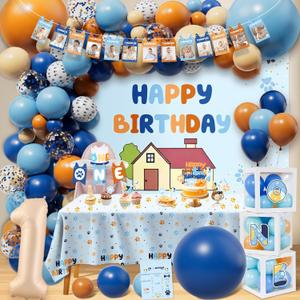 Blue Dog 1st Birthday Party Supplies Blue & Orange First Birthday Backdrop Balloons Arch Box High Chair Banner Bday Party Idea for Baby Boys|Girls