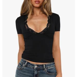 Women's Short Sleeve Sexy Lace Trim V-Neck Slim Fit Daily Basic Black Tees Spring Summer Going Out Casual Vacation Crop Tops Trendy Y2K Clothing (8638, L, Black)