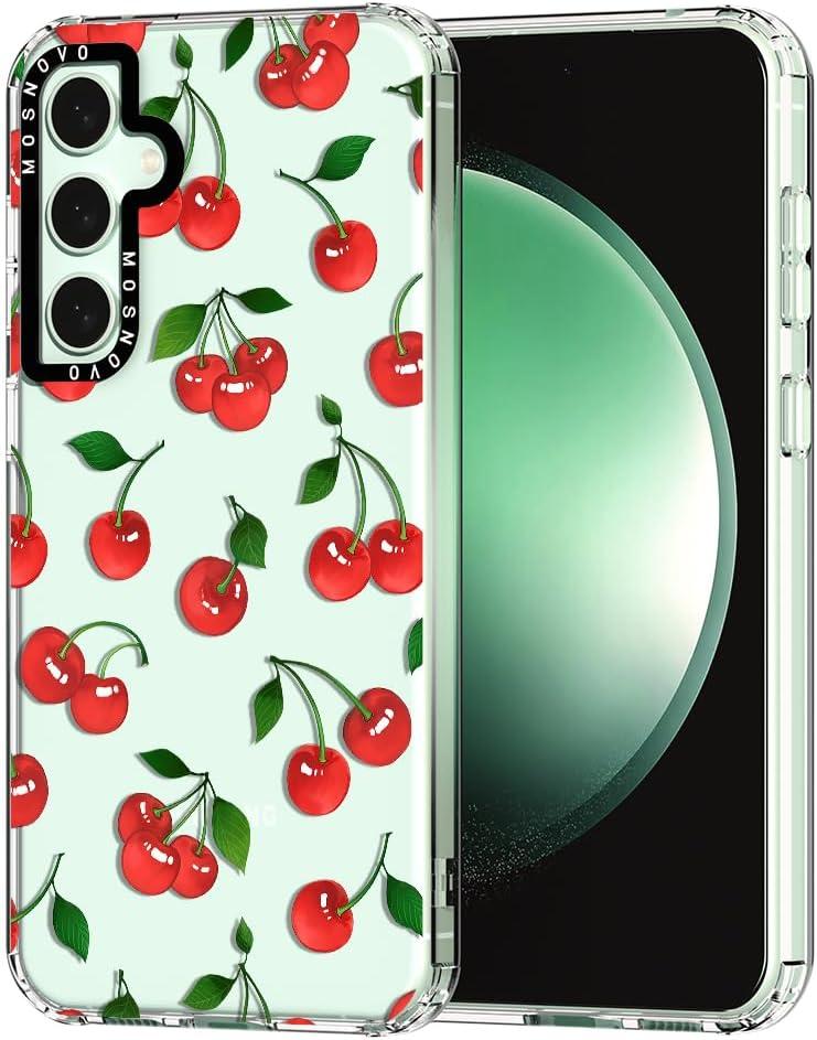 MOSNOVO Case for Samsung Galaxy S23 FE, [Buffertech 6.6ft Military-Grade Drop Protection] [Anti Peel Off Tech] Clear TPU Bumper Phone Case Cover Design - Cute Cherry