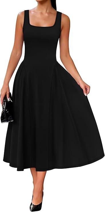 OFEEFAN Summer Dresses for Women Square Neck Corset A Line Maxi Dress Ruffle Ruched Waist Flowy Outfits, SIze XL