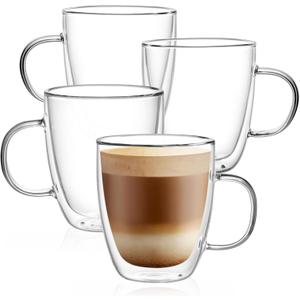 CNGLASS Large Glass Coffee Mugs 12oz,Double Walled Insulated Cappuccino Mug with Handle,Set of 4 only 2