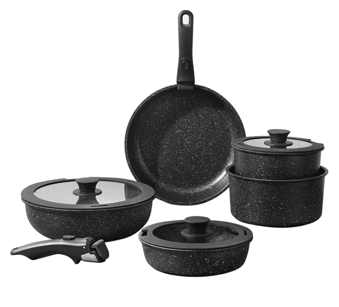 Pots and Pans Set, Nonstick Detachable Handle Cookware Set, Induction Kitchen Cookware Set with Removable Handle, Healthy Non Stick Cookware, Dishwasher ＆ Oven Safe, PFOA Free