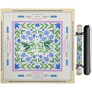Mahjong Mat for Table, Non-Slip & Quiet Table Cover for American Mahjong, Poker, Card, Board & Tile Games,Includes Portable Tote Bag (31.5x31.5 Inch Flowers Birds)