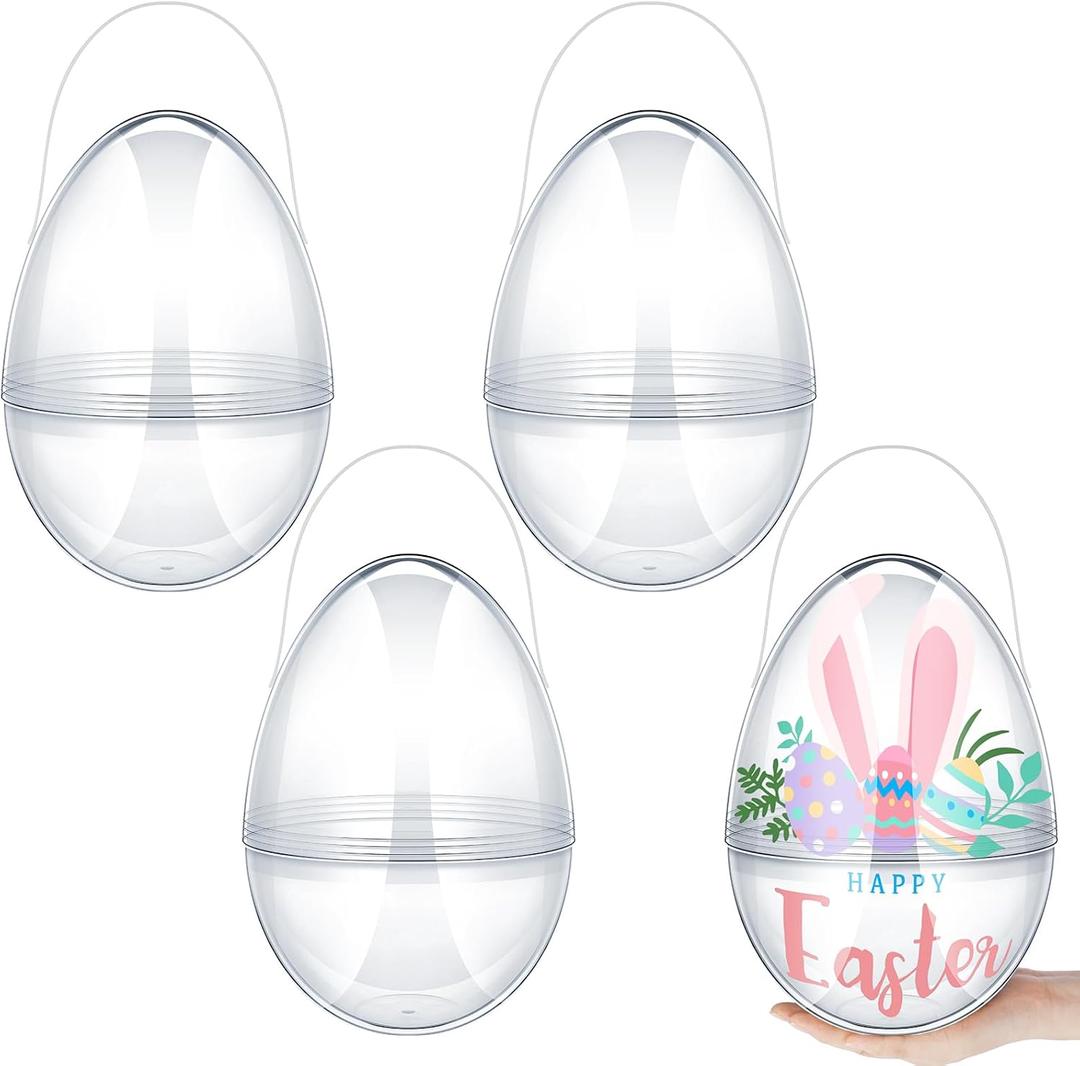 Funtery 8 Pcs Large Easter Eggs 10 Inch Plastic Giant Easter Eggs with Handles, Clear Jumbo Baskets Fillable Giant Bunny Egg Shaped Baskets Containers Decoration (Transparent)