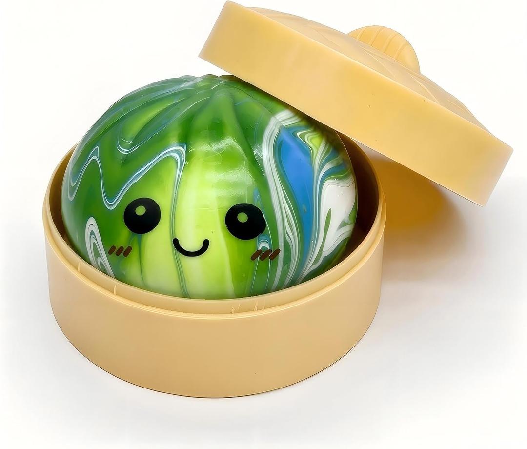 Green Marble Design Mystery Dumpling Squishies with Steamer Box, Soft Stretchy Bao Bun Stress Relief Balls, Sensory Fidget Squeeze Toys for Anxiety Relief, Decompression Desk Toys
