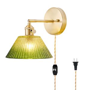LINSEEDS Plug in Wall Sconces Set of 2, Vintage Wall Sconce Light with Gradient Green Glass Lampshade, Bedroom Wall Sconce with Switch and Plug in wall lamp Cord, Gold Wall Light Wall Decor Set of 2