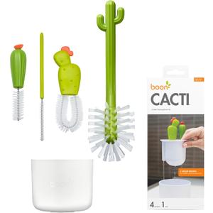 Boon Cacti Bottle Cleaning Brush Set - Includes Bottle Brush, Nipple Brush, Detail Brush, and Straw Brush - Baby Bottle Brush Set for Bottle Drying Rack - Baby Essentials - 4 Count | 4-Piece Set, Bottle Brush, Straw Brush, Nipple Brush, Detail Brush, Durable Nylon Bristles, Draining Storage Vase