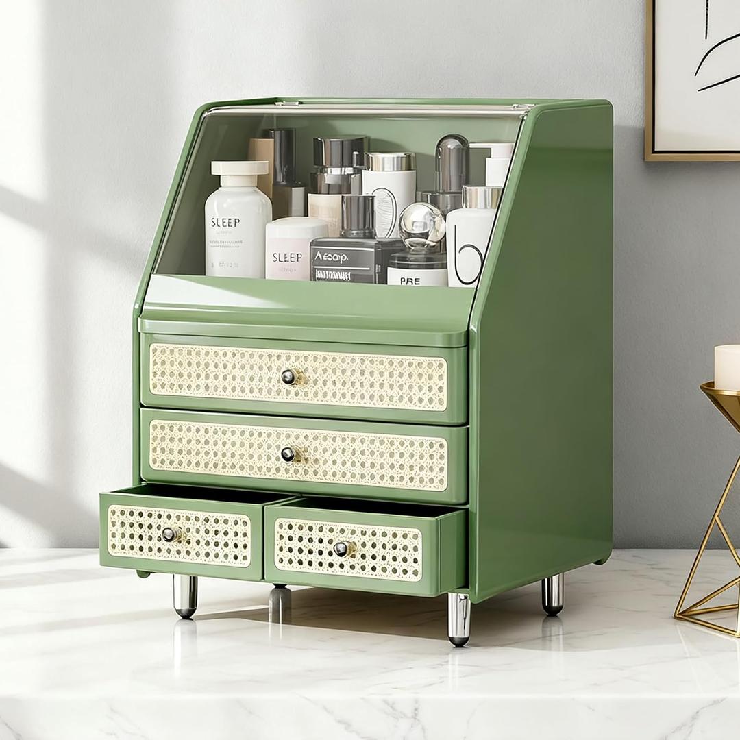 Large Vanity Organizer with Drawers for Bathroom Countertop | Dustproof makeup organizer Plastic,Bathroom Countertop,3 Drawers Large Drawer Storage,For Skincare Makeup Perfume (Green)