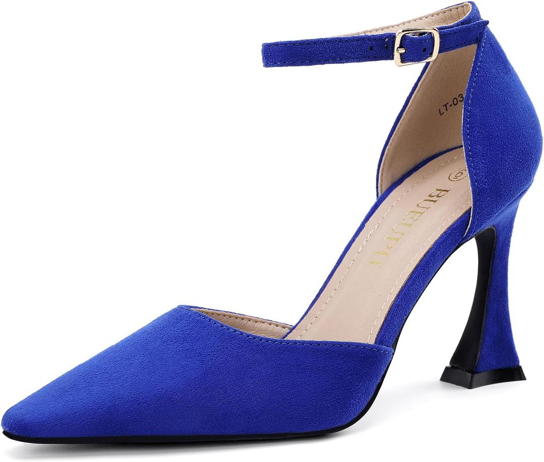 Women's 3.5 in heigh Heels Pointed Closed Toe Ankle Strap Dress Shoes Comfortable Blue Pumps for Women (Blue Suede. 6.5)