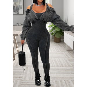 Voghtic Women's Sexy v Neck Bodycon Jumpsuit Distressed Long Sleeve Full Length Leggings Stretch One Piece Outfits M