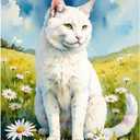 Animal Paint by Numbers Kit for Adults - DIY White Cat in Daisy Meadow Painting on Canvas 16x20 Inches, Acrylic Paint Set, Suitable for Beginners, Art for Home Decoration or Gifts