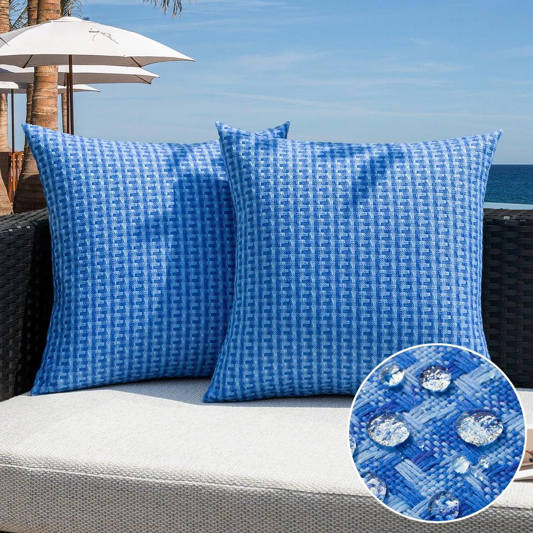 Kevin Textile Outdoor Waterproof Throw Pillow Covers Pack of 2 Weaving Texture Water Resistant Outside Decorative Cushion Covers for Garden Patio Tent Balcony Bench Couch Sofa 16x16 Inch, Blue