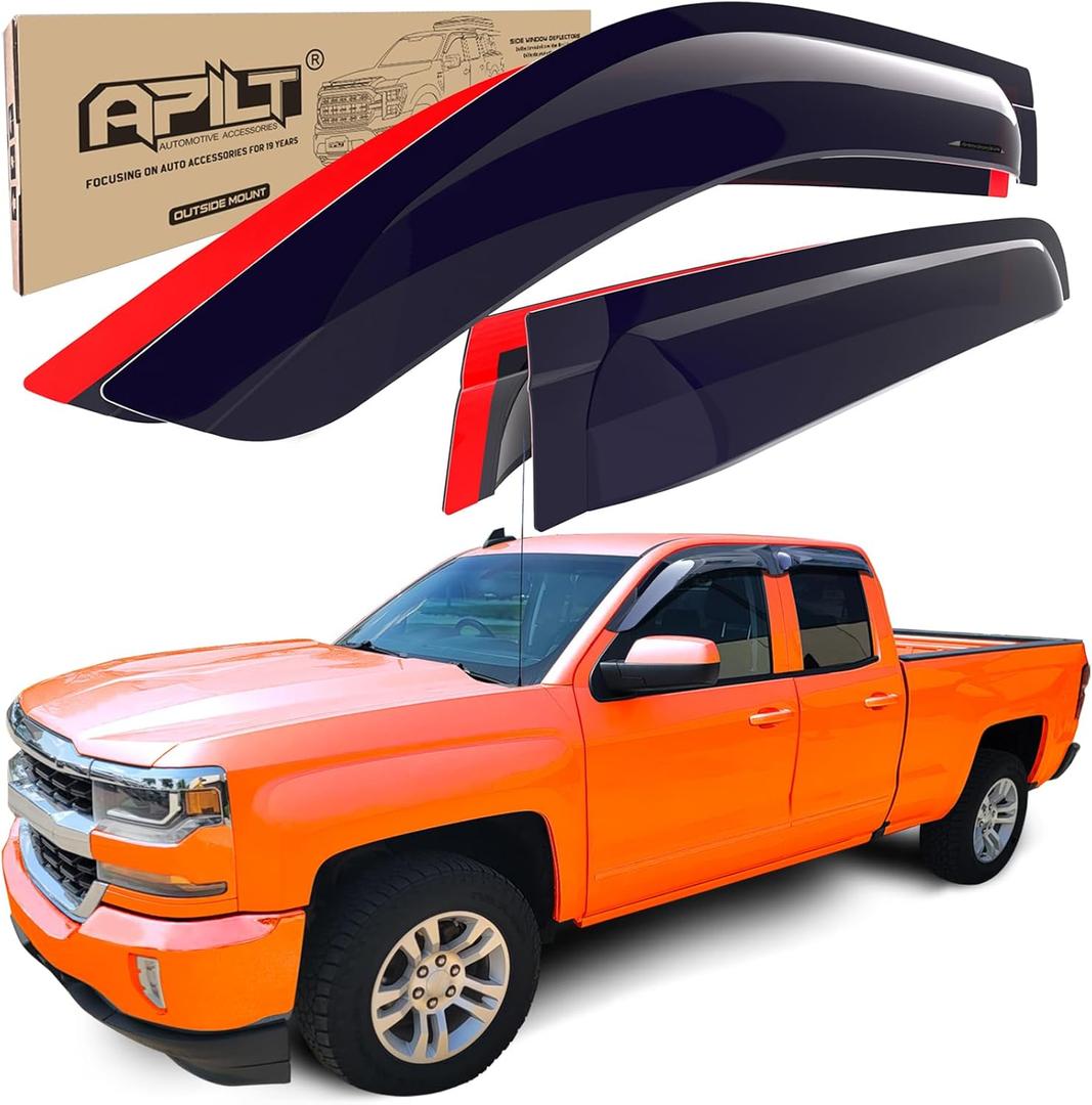 Large Rain Guards Window Visors for 2014-2018 Chevy Silverado & GMC Sierra 1500,2014-2018 Silverado & Sierra 2500 & 3500 Double Cab Truck Accessories Dark Smoke 4pcs with Thicker