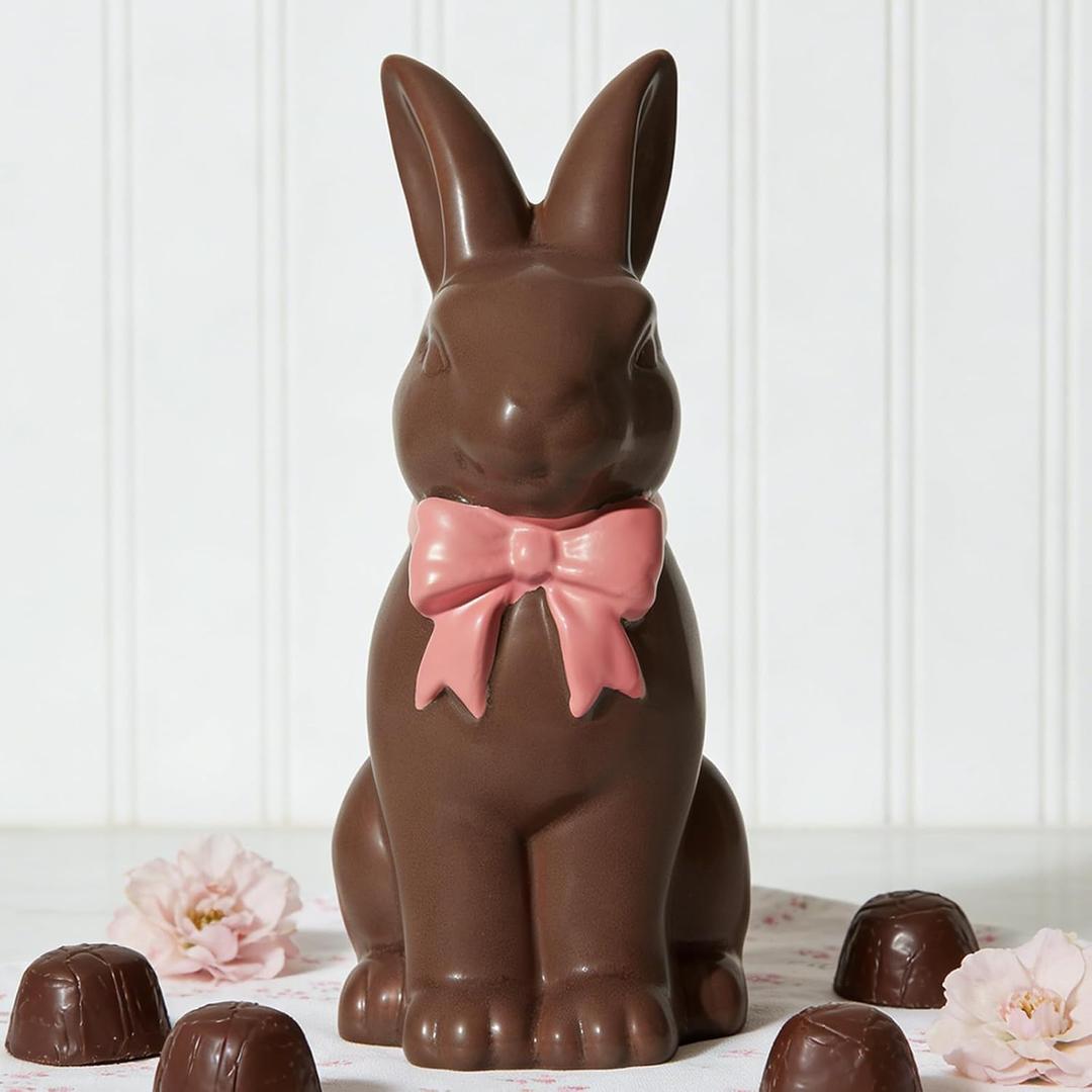 DN DECONATION Easter Decoration Bunny Decor - Spring Easter Brown Rabbit Sculpture, Ceramic Statues with Pink Bow for Farmhouse Home Decor Tabletop Shelf Mantel Dining Table Centerpiece (Set of 1)