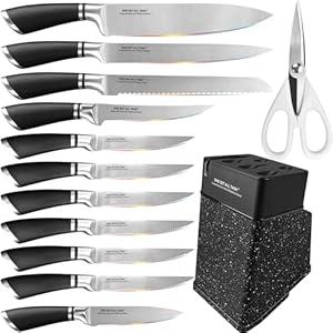 Professional Kitchen Knife Block Set, 11 Pcs Stainless Steel Knives Set With Knife Block Holder, Scissors, Paring Boning Steak Santoku Slicing Bread Chef Knife for Home Kitchen