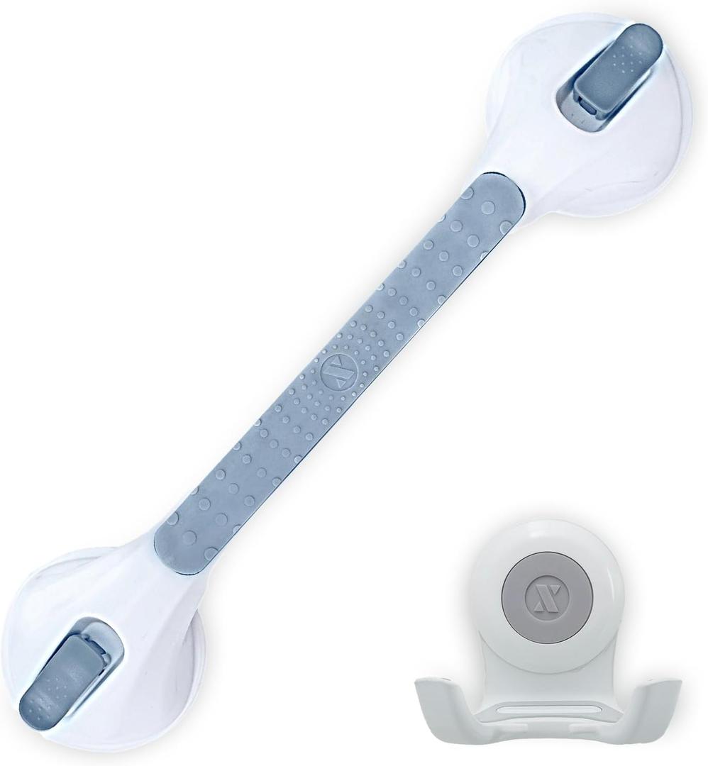 SlipX Solutions 17 Safe Grip Shower Grab Bar & On The Dot Power Lock Suction Cup Hook, Razor Holder & Phone Cradle, No-Drill, No Tools, Heavy Duty Suction Cups, Removable Bathroom Accessories