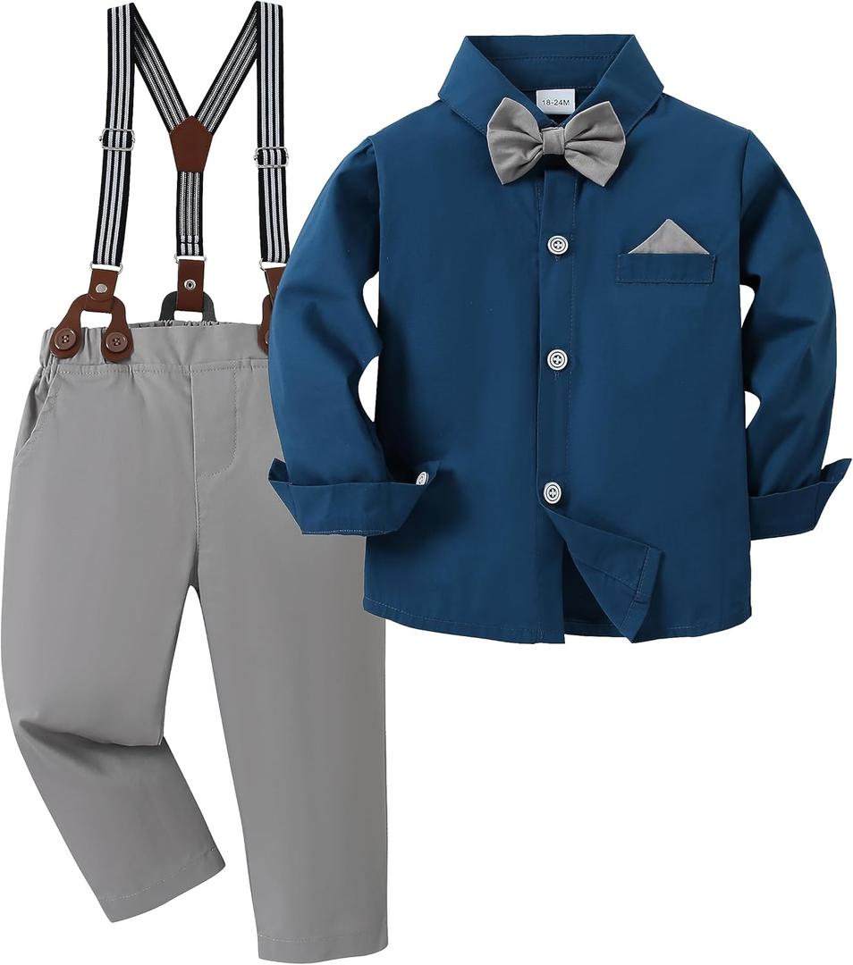 DISAUR Baby Boy Clothes Suits Toddler Dress Shirt With Bowtie Suspender Pants Outfit Sets Gentleman Wedding (Blue, Size 5-6T)