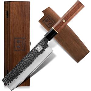 ENOKING Japanese Nakiri Knife, 7 Inch Vegetable Knife 5 Layer 9CR18MOV Clad Steel Cooking Knife for Kitchen, Super Sharp Kitchen Knife with Ebony Bolster African Rosewood Handle with Wooden Box