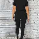 Women's 2 Piece Outfits Sweatsuit Summer Workout Striped Short Sleeve Long Sweatpants Casual Jogging Lounge Set (Large, Black)