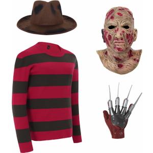 Adult Scary Halloween Costumes for Freddy Costume Mens Red and Green Striped Sweater with Hat Claw Gloves Mask for Halloween Killer Cosplay SV010L
