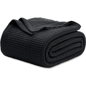 Bedsure 100% Cotton Blanket King Size for Bed - Breathable and Soft, Waffle Weave Blanket for Summer Spring, Black, 104x90 inches