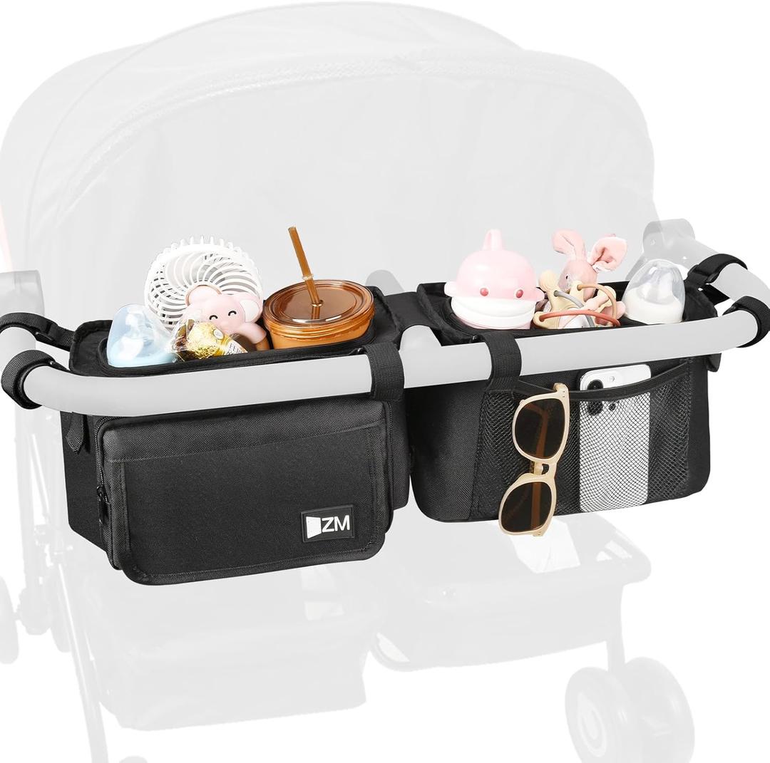 ZZM Double Stroller Organizer with 2 Cooler Pockets,Compatible for Bob Duallie, Jeep and Baby Jogger City Mini GT2, Double Baby Stroller Accessories, Parent Console Double Jogging Stroller Organizer